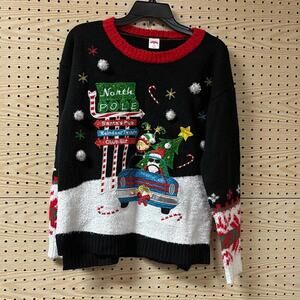 Holiday Time Christmas Santa And Elves Retro Ugly Tacky Sweater Glitter Quirky